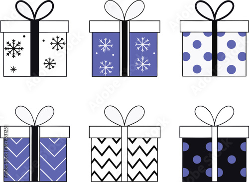 A delightful array of six gift boxes, each adorned with unique patterns and ribbons