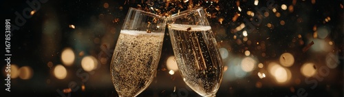 Celebration party with champagne glasses and sparkling wine festive environment golden bokeh background