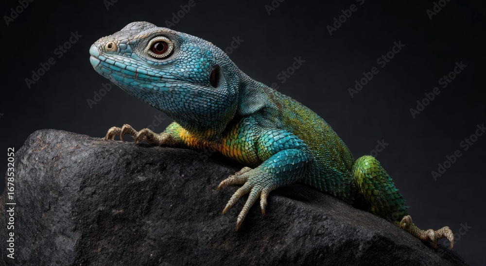 Fototapeta premium Vibrant blue and green lizard on dark rock