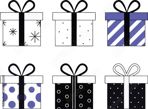 Collection of six gift boxes with different patterns for various celebrations and events