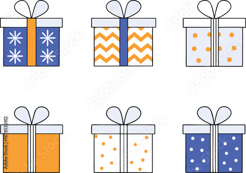 Collection of six colorful gift boxes with different patterns, perfect for any festive occasion