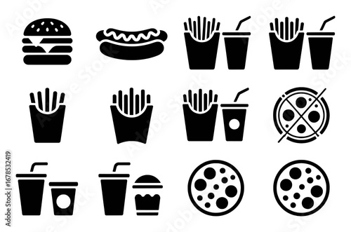 Collection of Fast Food Icons: Burger, Hot Dog, Fries, Drinks, and Pizza