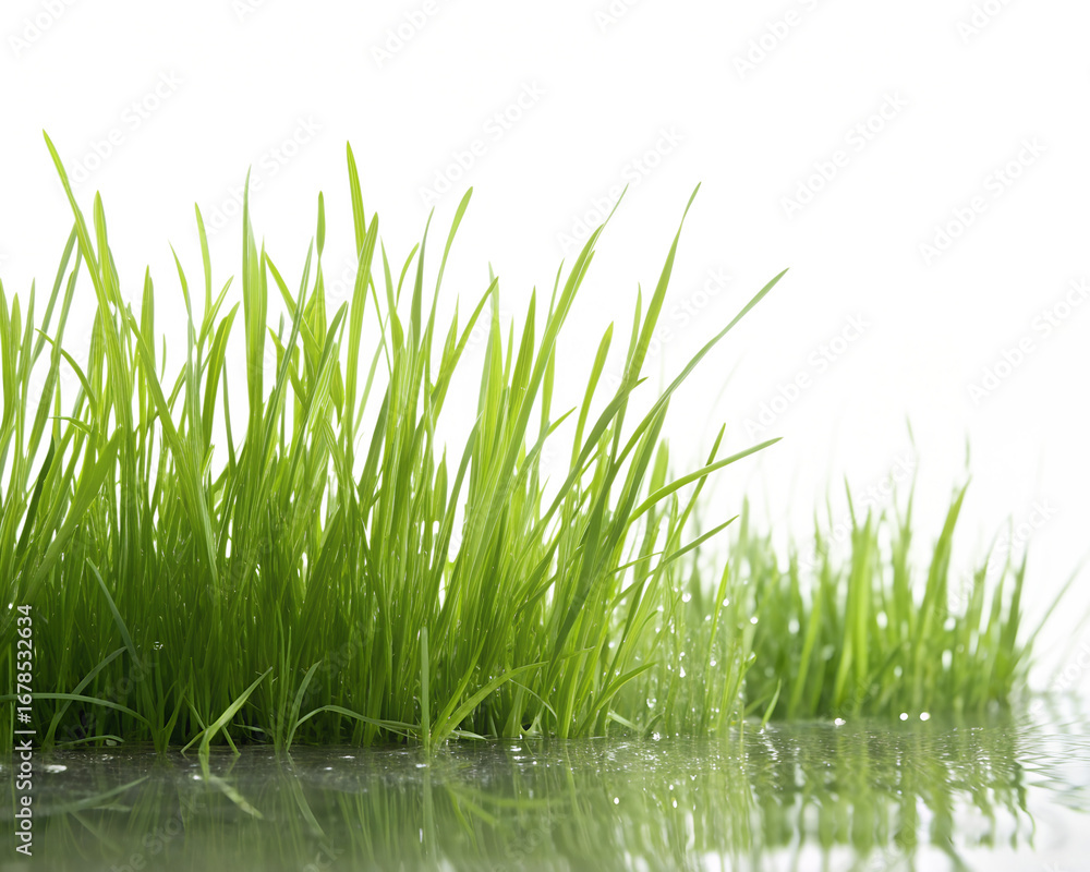 Fototapeta premium Fresh cut green grass, photorealistic textures, isolated in center, white background.