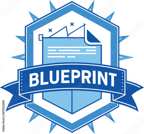 Blueprint design concept with document icon and ribbon banner in blue color scheme