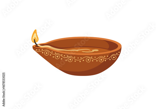A brown decorative oil lamp with a lit flame