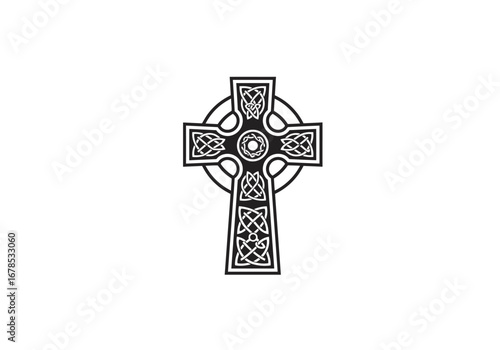 A Celtic cross centered on a plain white background with symmetrical interwoven knot patterns