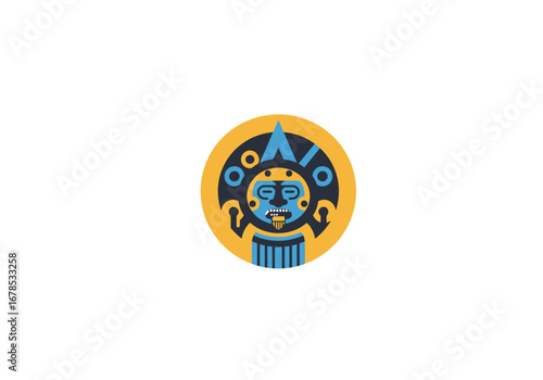 Aztec sun god graphic blue face yellow disc dark blue accents abstract stylized round design