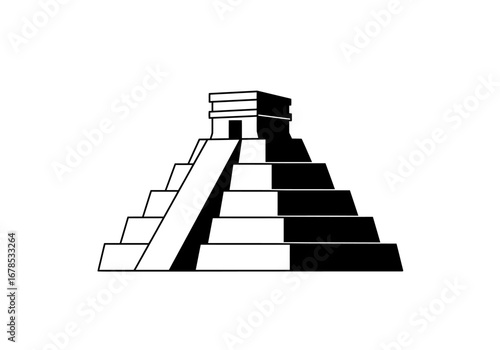 Black and white illustration of a Mesoamerican stepped pyramid