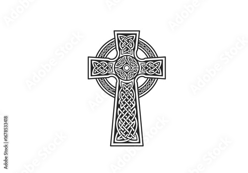 Celtic cross intricate knotwork design circle behind white background