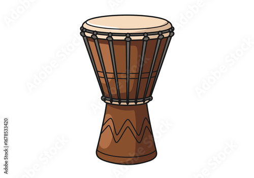 Cartoon djembe drum brown body dark brown binding light tan drumhead on white