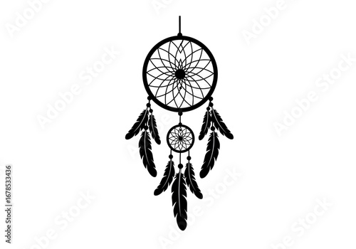 Detailed black dreamcatcher hanging with feathers