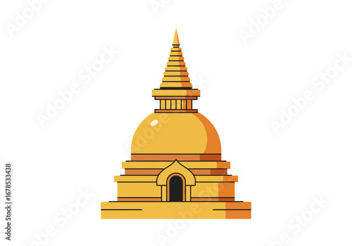 Goldenhued pagoda with tiered spire elaborate base and archway entrance on a plain white background