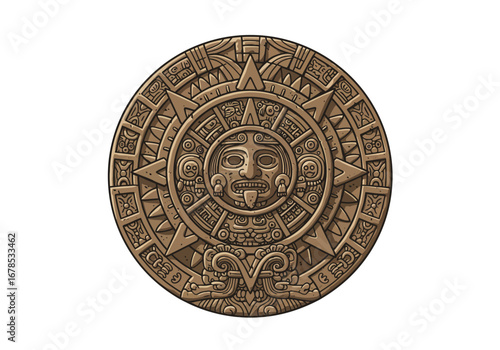 Ornate circular Aztec sun stone carving with an anthropomorphic face at its center