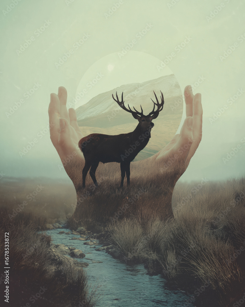 Naklejka premium Wildlife Conservation Poster with Stag by Stream and Subtle Earth Held by Hands Silhouette
