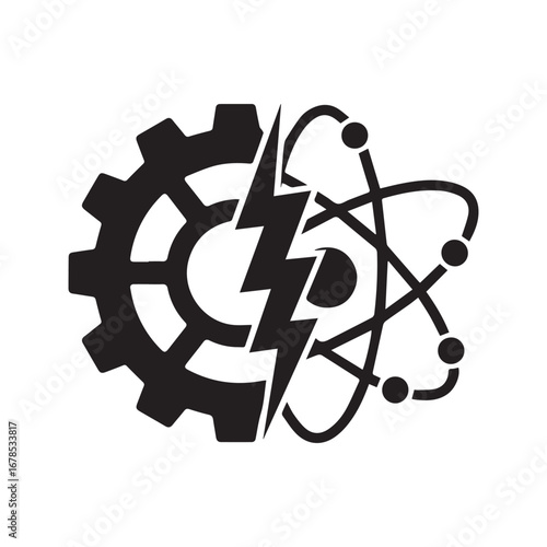 Science and Technology Symbol Combining an Atom, Gear, and Lightning Bolt, an Industrial Engineering and Energy Vector Icon

