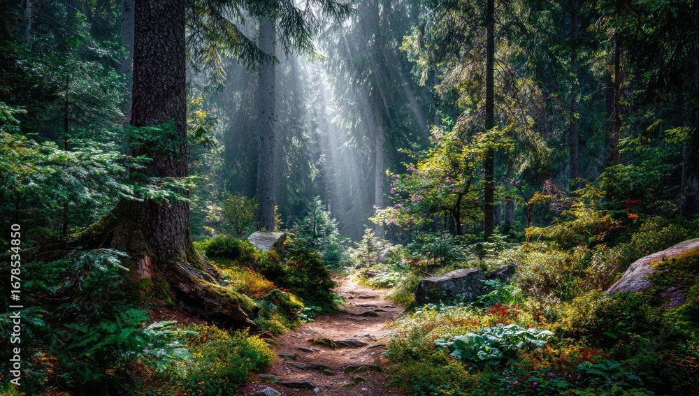 Obraz premium Sunbeams Through Lush Forest Canopy