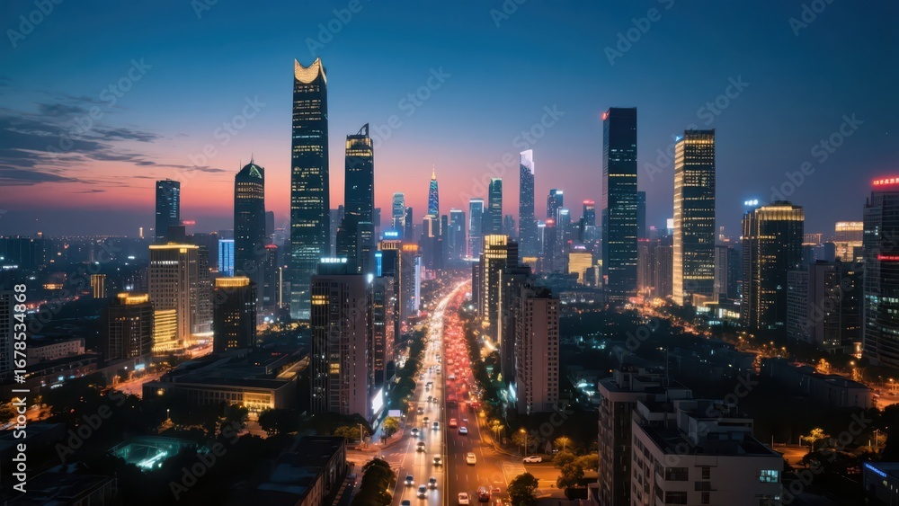 Fototapeta premium At night, the city is full of high - rise buildings, bright lights, and a stream of traffic on the roads, showing prosperity to the full. 
