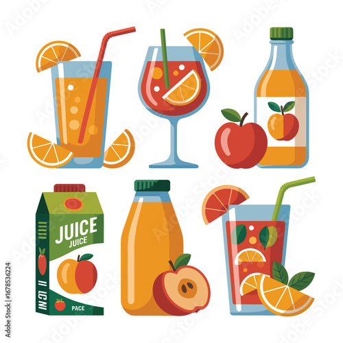 Fruit Juice and Drink Collection: Glass, Bottle, and Carton Vector Set, juice and fruits.