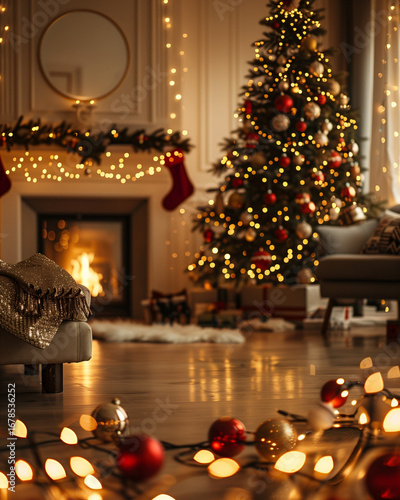 Cozy Christmas Living Room with Glowing Tree and Fireplace. christmas background