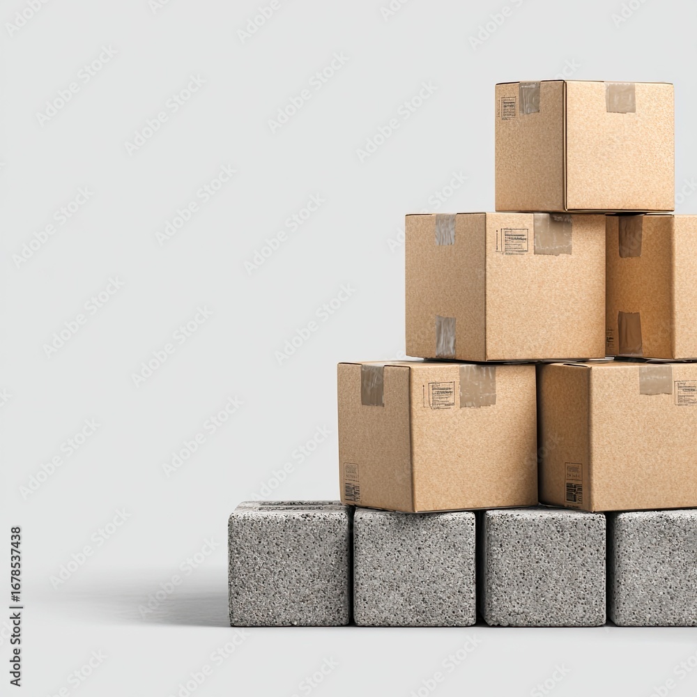 Obraz premium Cardboard boxes stacked on gray blocks