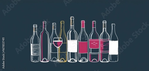 Chalk-style sketch of wine bottles, playful vintage doodle line art,  hand-drawn,  vintage