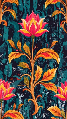 Ornate floral pattern on a textured teal background