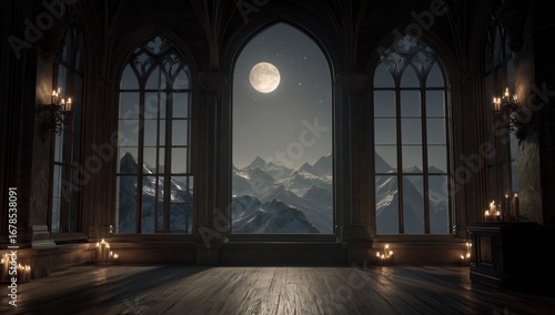 a large window in an old gothic castle room with wooden floors. the moon shines through the windows