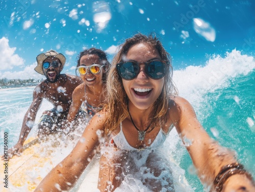 Wallpaper Mural Friends enjoying a fun surfing day at the beach under a clear blue sky Torontodigital.ca
