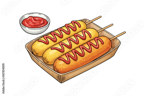 Three delicious corn dogs drizzled with ketchup served in a basket with a side of ketchup illustration