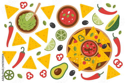 Vibrant cartoon fiesta of mexican food nachos guacamole salsa and spicy chili peppers illustration