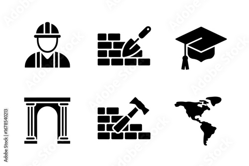 Set of six black and white icons representing construction education architecture and global connection business development. illustration