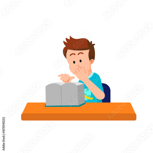 A cute boy looks shocked at a thick book on his desk