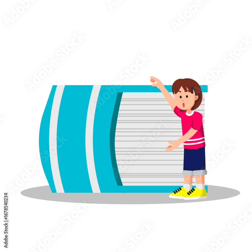 A little girl looks surprised at a thick book