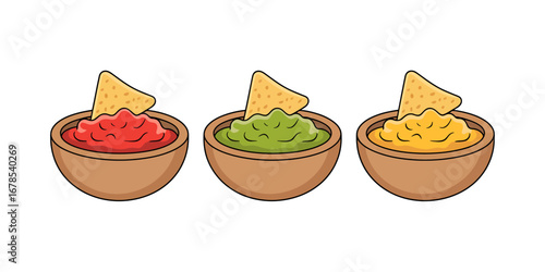 Three bowls of dips salsa guacamole queso with tortilla chips mexican food appetizers illustration