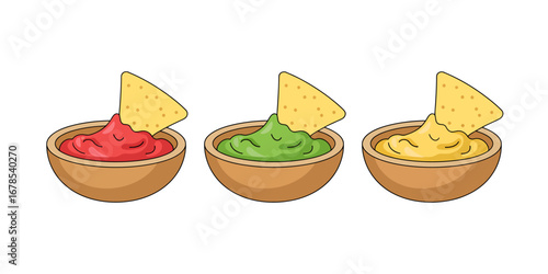 Three bowls of delicious dips with tortilla chips featuring red green and yellow sauces illustration
