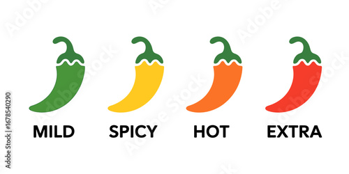 Four chili peppers indicating heat levels mild spicy hot extra food ingredient illustration
