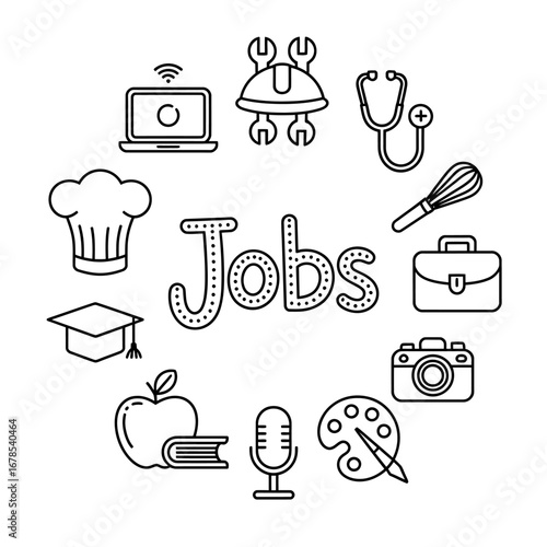 A black and white line art illustration of job icons in a circle. This vector set represents diverse careers and professions for employment concepts.
