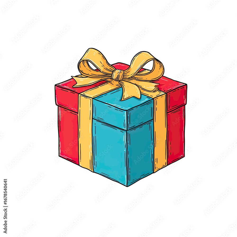 Fototapeta premium A cheerful and vibrant cartoon illustration of a colorful gift box with a big yellow bow, perfect for birthday, Christmas, or any celebratory occasion design. 
