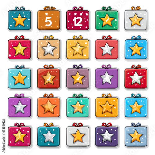 A colorful and fun collection of cartoon gift box icons with stars, perfect for a game interface, advent calendar, or as festive reward and achievement badges.
