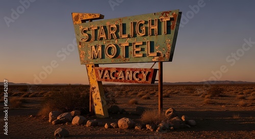 Vintage Starlight Motel sign glowing in desert sunset evokes Americana road trip nostalgia and adventure
