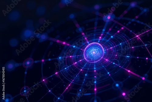 Abstract Digital Network Visualization – Glowing Central Node with Interconnected Lines and Concentric Circles in Futuristic Blue and Pink Gradient