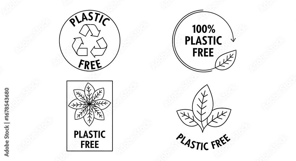 Fototapeta premium Set of Four Minimalist Black Line Plastic Free Vector Icons. Recycling and Eco-Friendly Badges.