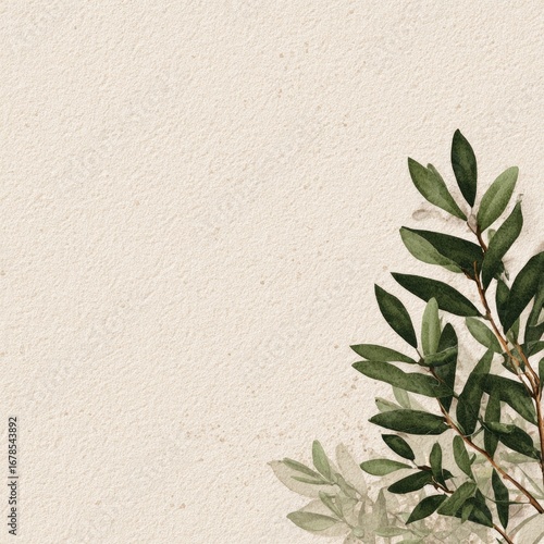 Pale beige textured background, leafy corner