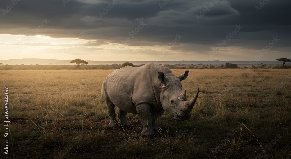 Obraz premium White rhinoceros in african savannah sunset