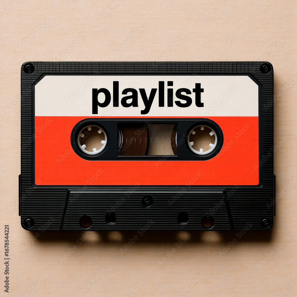 Fototapeta premium Red and white playlist cassette placed on bright table with clear view