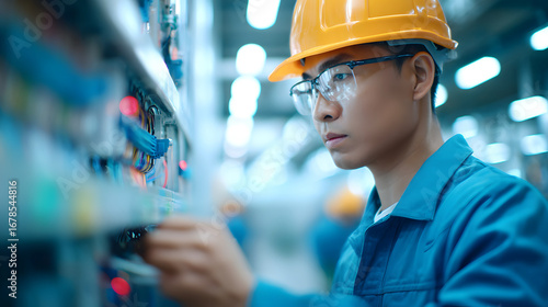 Technician repairing a system in a factory