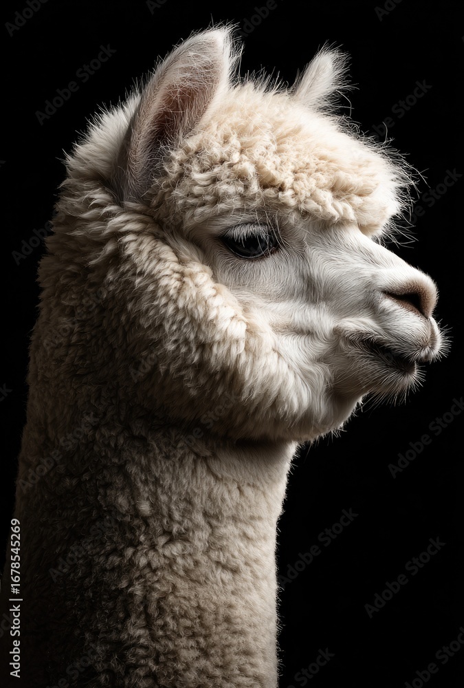 Obraz premium Close-up profile of a fluffy white alpaca