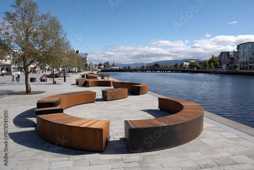 City waterfront promenade with modern seating