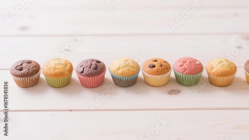 Various muffins are placed on a wooden table, with exquisite shapes and rich decorations, very tempting.