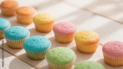Various muffins are placed on a wooden table, with exquisite shapes and rich decorations, very tempting.